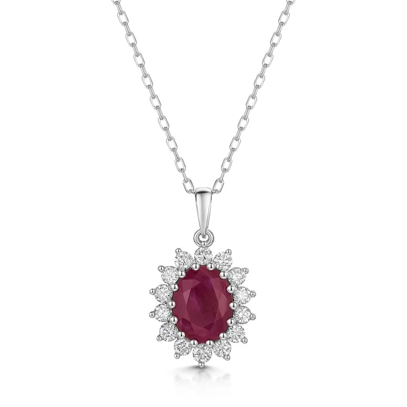 18ct White Gold Oval 2.40ct Ruby and 0.55ct Diamond Pendant