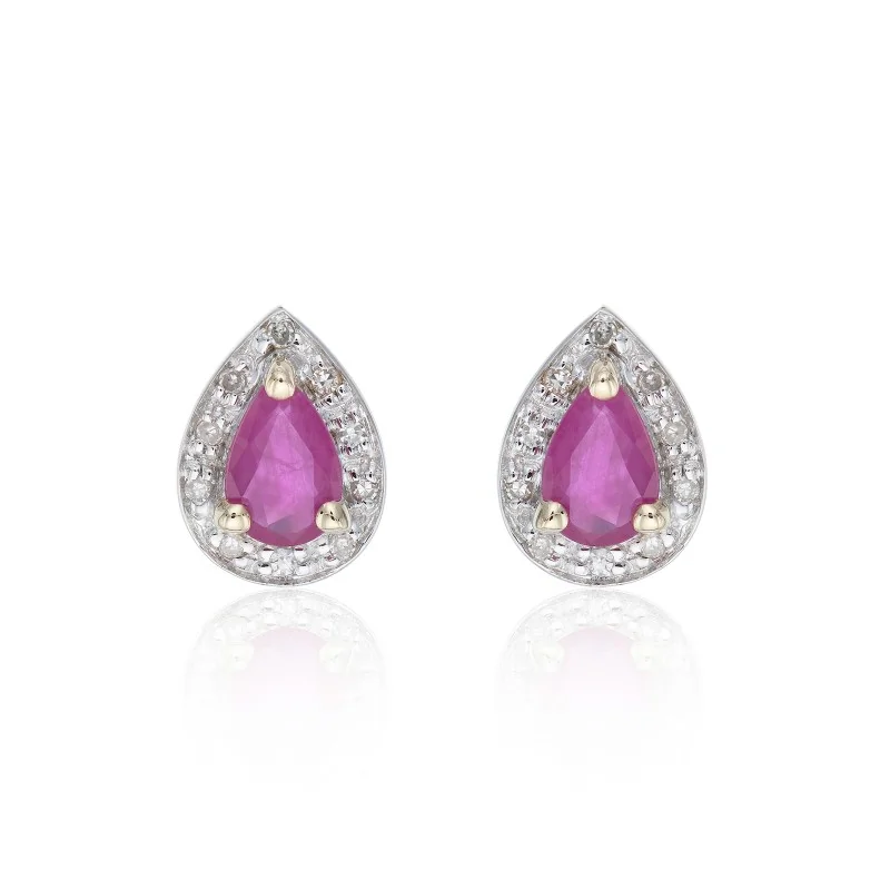 9ct Yellow Gold Pear Cut Ruby and Diamond Halo Stud Earrings