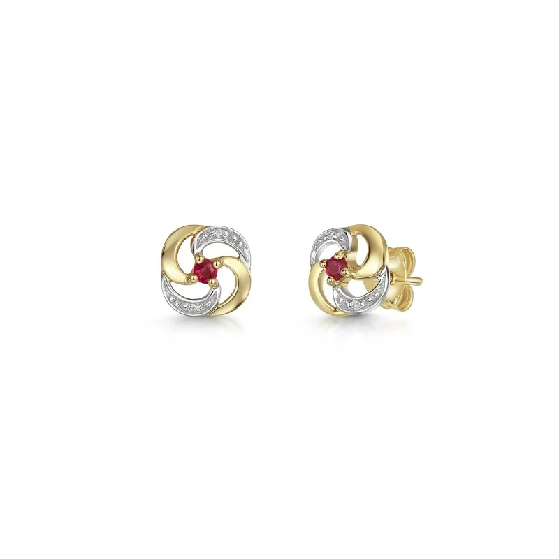 9ct Yellow & White Gold Two-Tone Round Brilliant 0.21ct Ruby & Diamond Knot Earrings