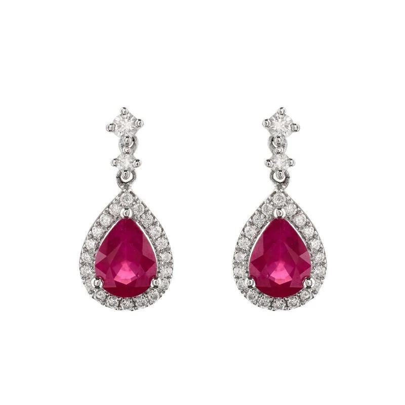 18ct White Gold Ruby and Diamond Halo Drop Earrings