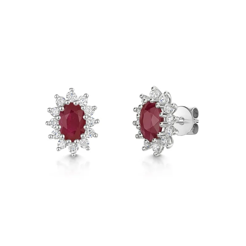 18ct White Gold Oval 1.04ct Ruby and 0.38ct Diamond Stud Earrings