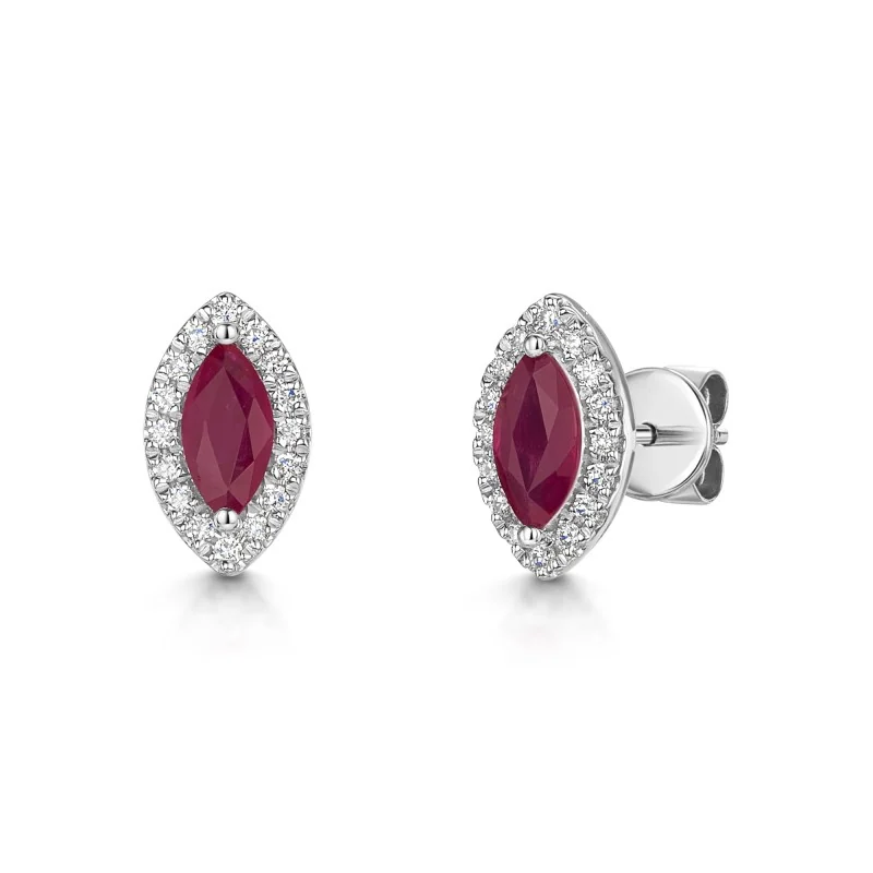 18ct White Gold Marquise Cut Ruby 0.60ct and Diamond Halo Earrings
