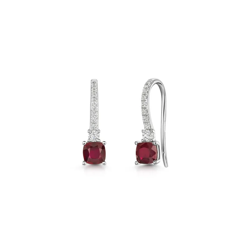 18ct White Gold 0.97ct Cushion Cut Ruby & Diamond Drop Earrings