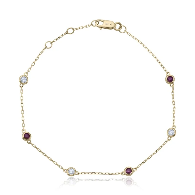 9ct Yellow Gold Round Brilliant 0.20ct Diamond & Ruby Bracelet