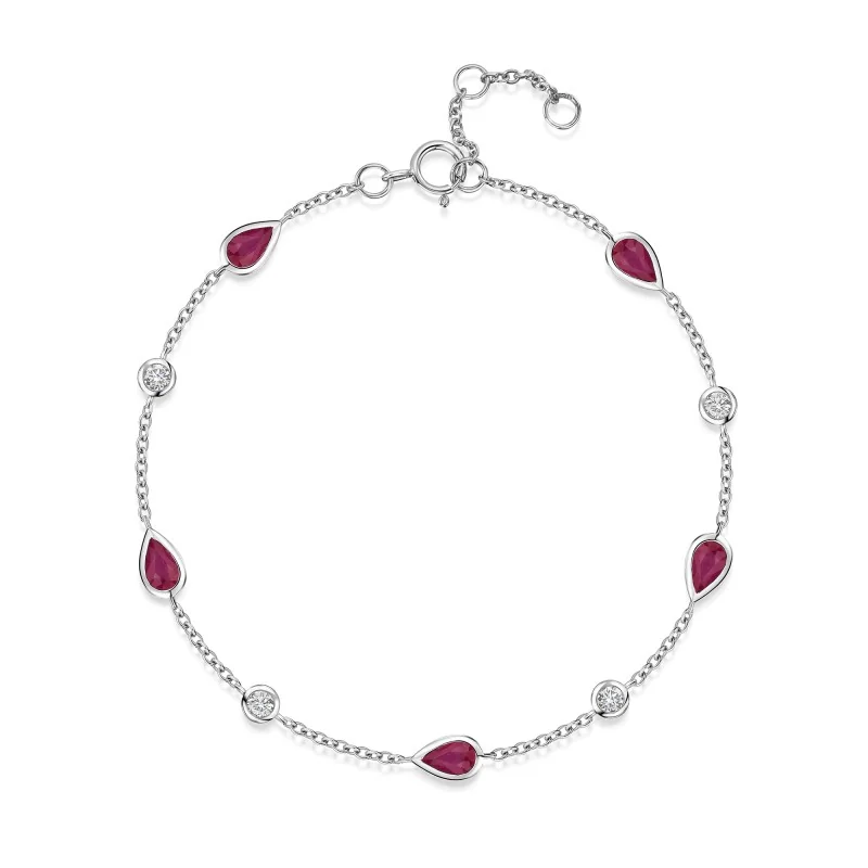 18ct White Gold Pear Cut Ruby 1.35ct and Diamond Bezel Set Bracelet