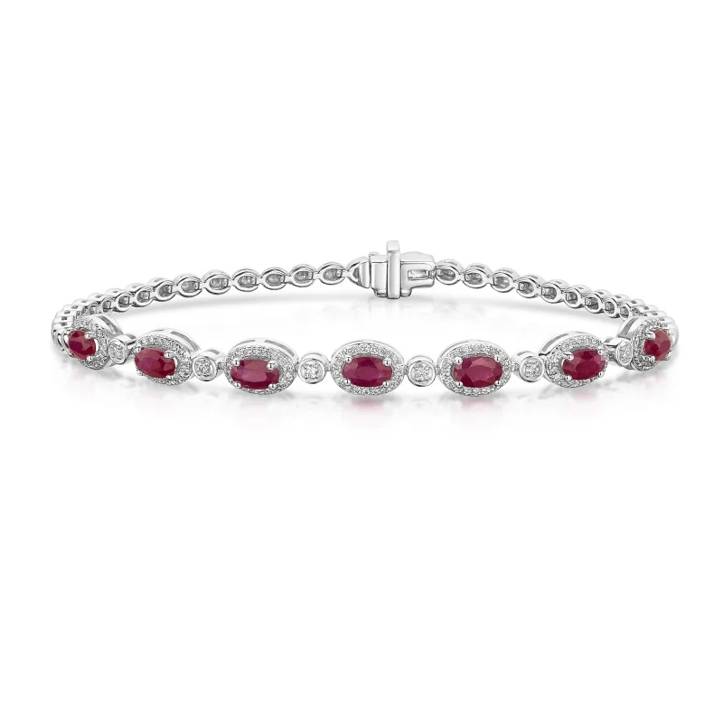 18ct White Gold Oval Cut Ruby 1.90ct and Diamond Halo Cluster Bracelet