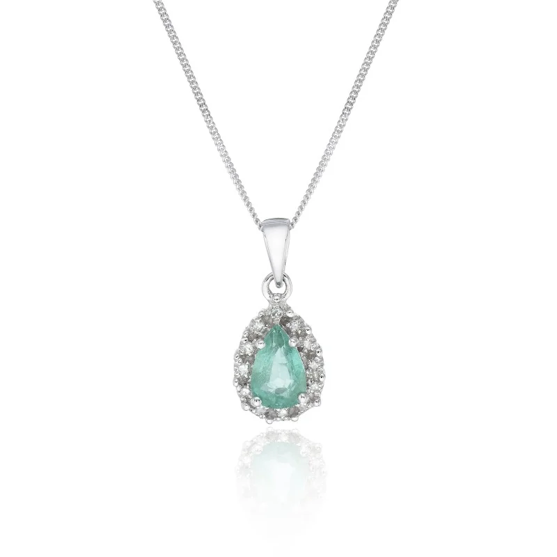 9ct White Gold Pear Shape Emerald and 0.04ct Diamond Cluster Pendant