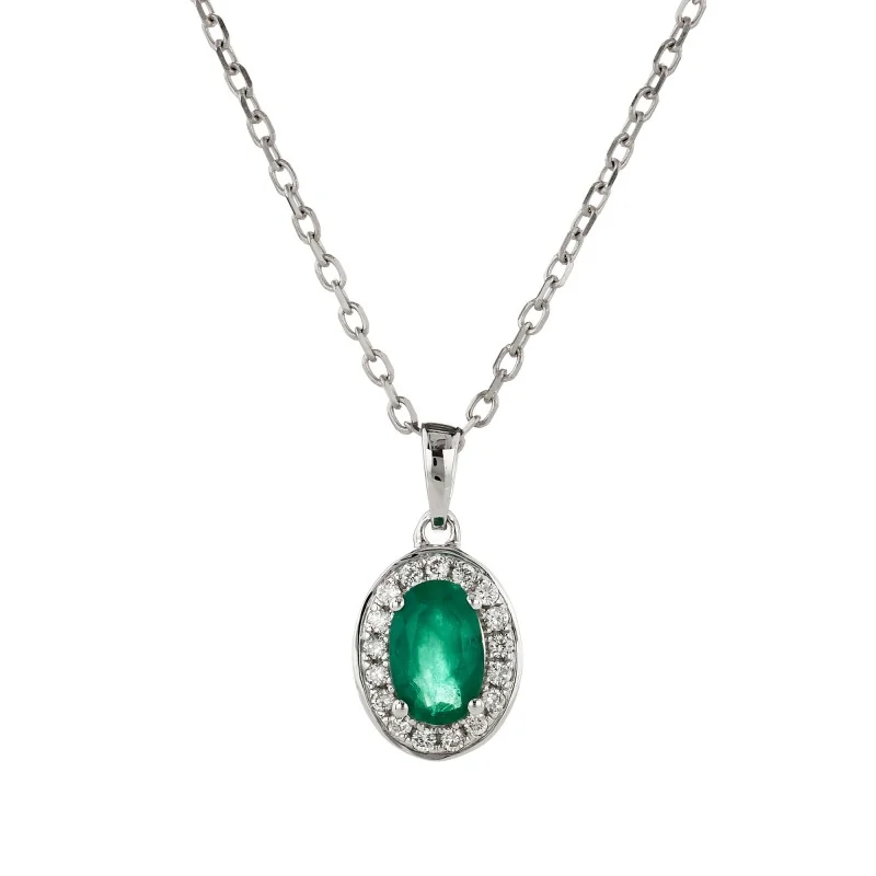 9ct White Gold Oval Cut Emerald 0.08ct Diamond Halo Pendant