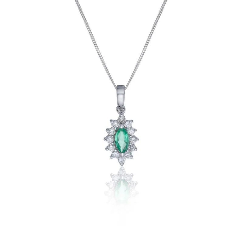 9ct White Gold Diamond 0.12ct and Emerald Halo Pendant