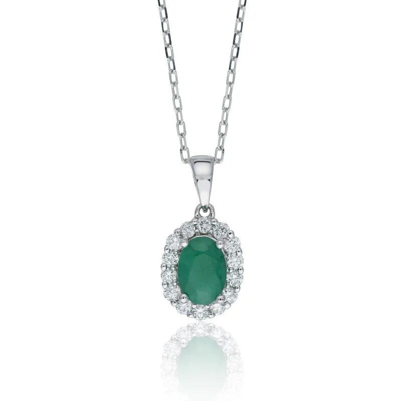 18ct White Gold Oval Cut 1.11ct Emerald and Diamond Halo Pendant