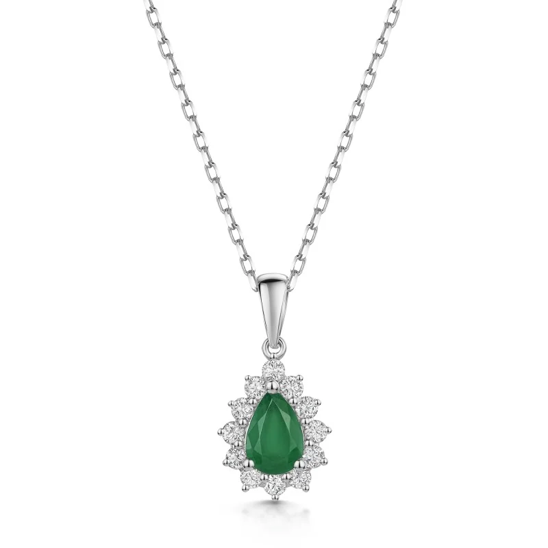 18ct White Gold Pear Cut 0.70ct Emerald with 0.35ct Diamond Cluster Halo Pendant