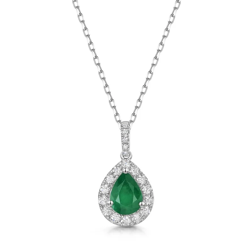 18ct White Gold Pear Cut 1.10ct Emerald with 0.40ct Diamond Halo Pendant