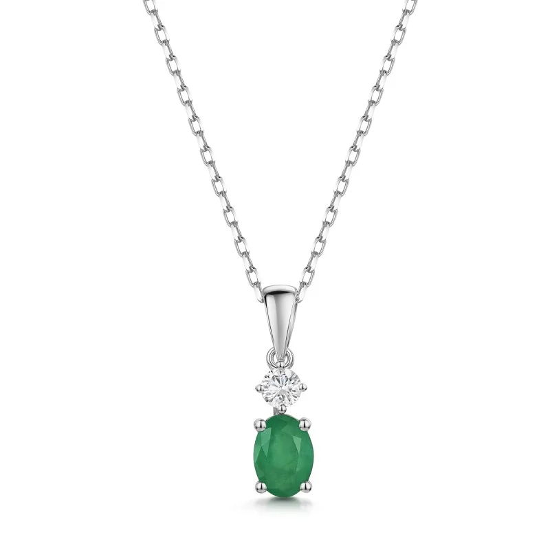 18ct White Gold Oval Cut 0.70ct Emerald and 0.13ct Diamond Pendant