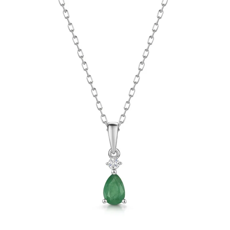 18ct White Gold Pear Cut 0.40ct Emerald and 0.04ct Diamond Drop Pendant
