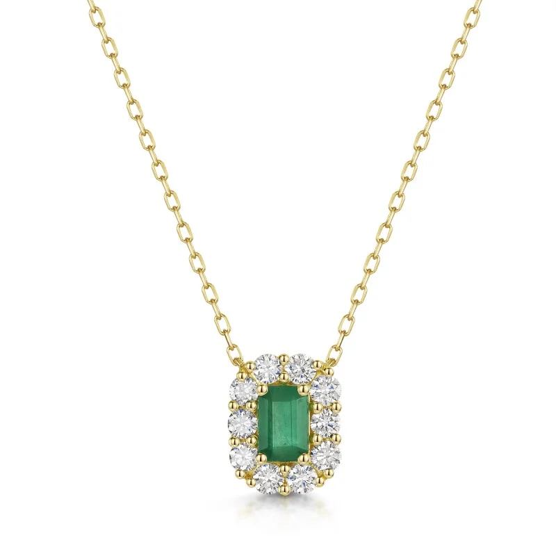 18ct Yellow Gold Octagonal Emerald with Diamond Cluster Halo 1.15ct Necklet