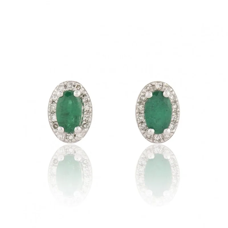 9ct White Gold Oval Cut 0.70ct Emerald Diamond Halo Stud Earrings