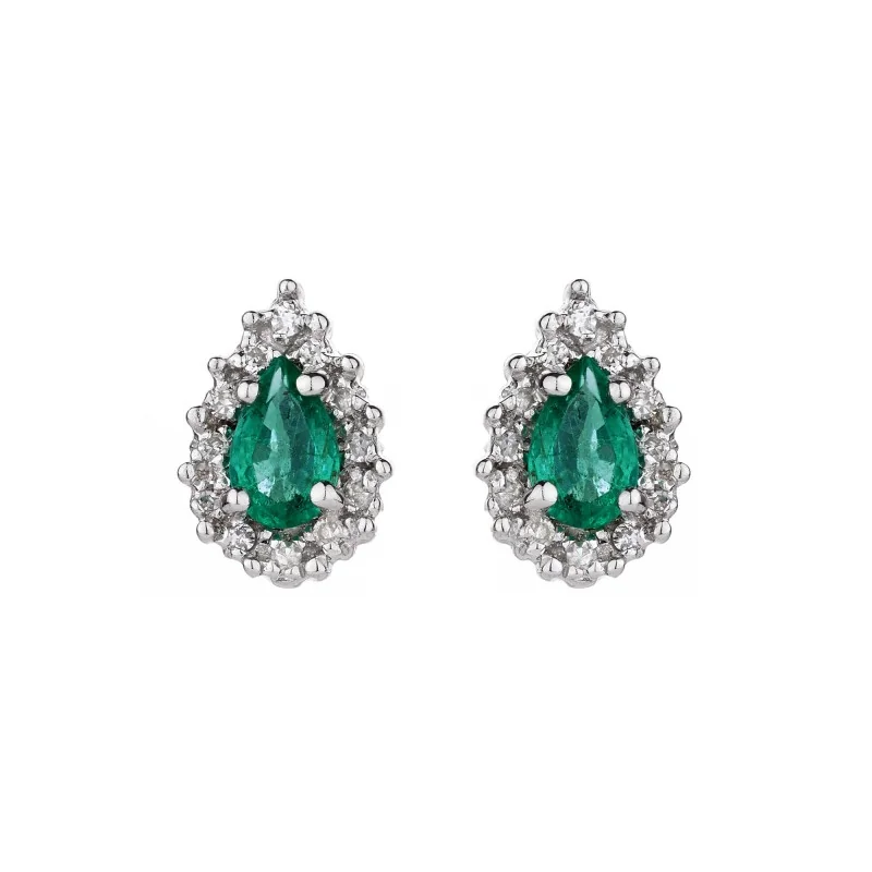 9ct White Gold Pear Cut Emerald 0.039ct Diamond Halo Earrings