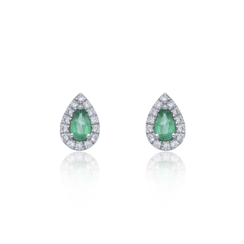 9ct White Gold Diamond 0.18ct and Emerald Halo Earrings