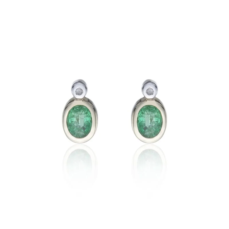 9ct Yellow Gold Diamond and 0.06ct Emerald Bezel Set Earrings