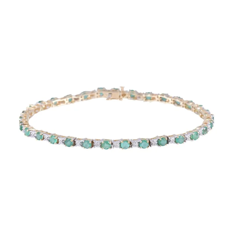9ct Yellow Gold Round Brilliant Cut Emerald and Diamond Bracelet
