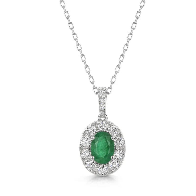 18ct White Gold Oval Cut Emerald 0.70ct and Diamond Halo Pendant