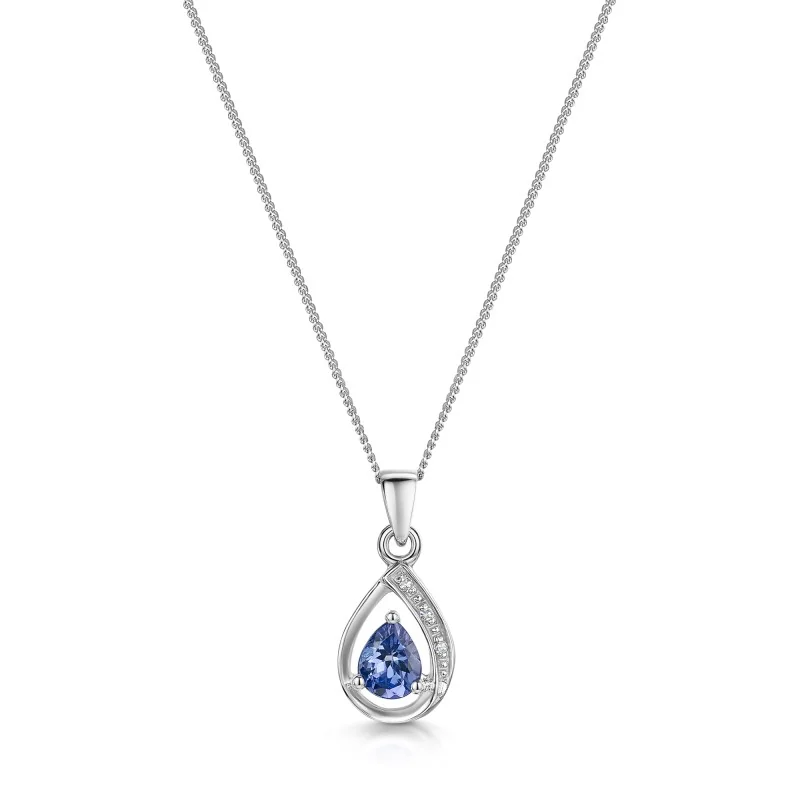 9ct White Gold Pear Cut 0.35ct Tanzanite & Diamond Open Floating Pendant