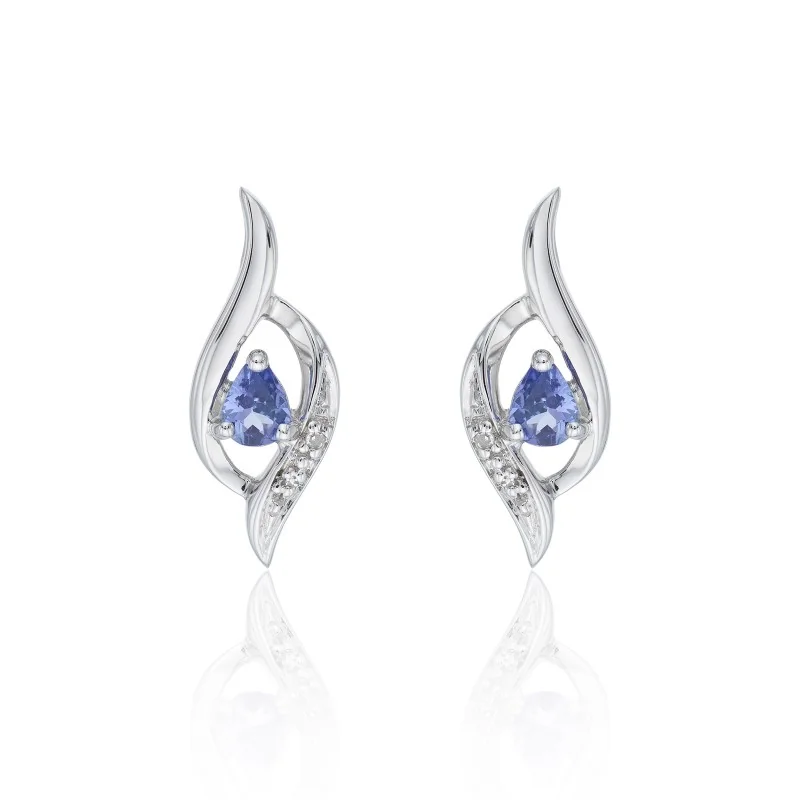 9ct White Gold Pear Cut Tanzanite and Diamond 0.01ct Cross Over Earrings