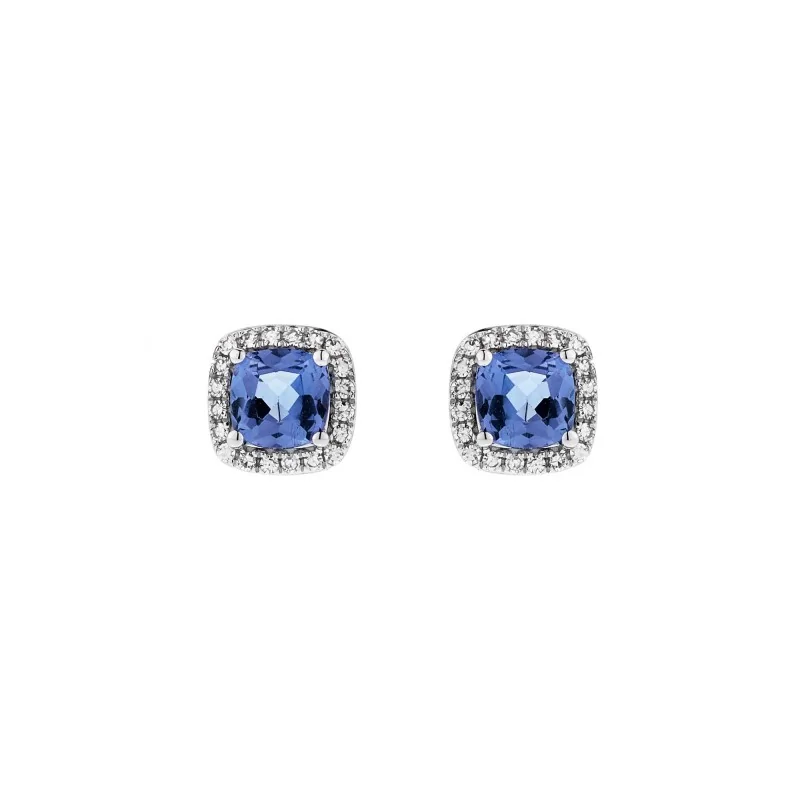 9ct White Gold Cushion Cut Tanzanite 0.76ct Diamond Halo Stud Earrings
