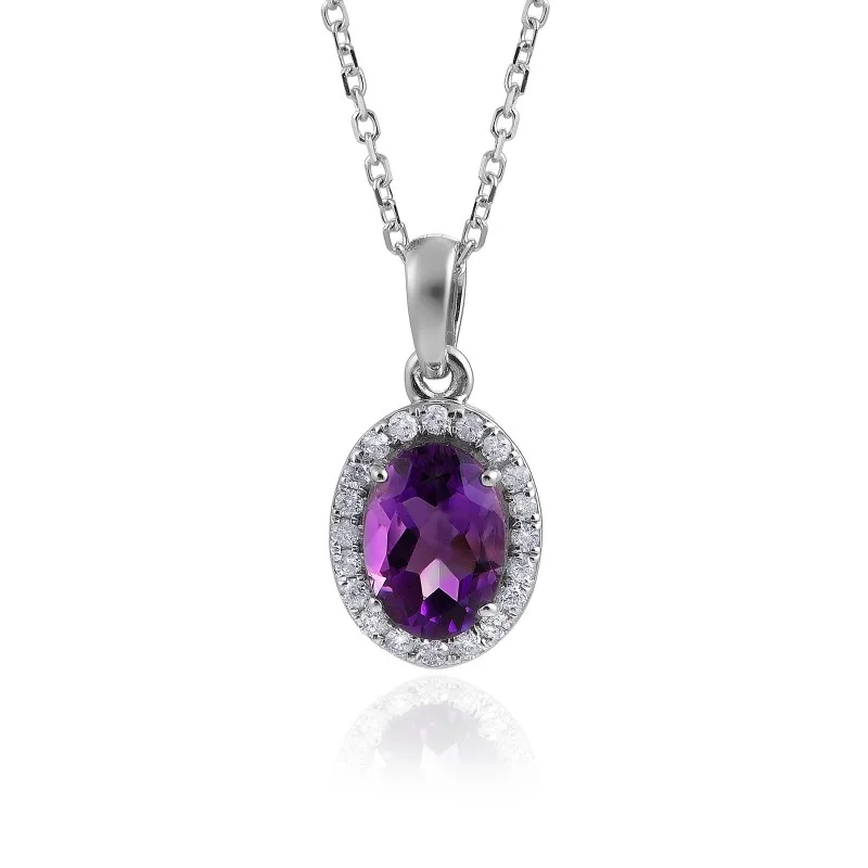 18ct White Gold Oval Cut Amethyst 0.75ct Diamond Halo Pendant