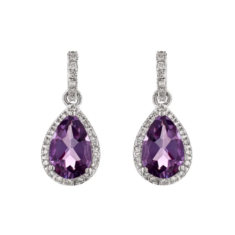 9ct White Gold Pear Cut Amethyst and Diamond Earrings