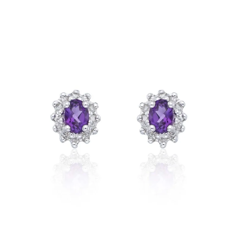 9ct White Gold Amethyst and Diamond Halo Earrings