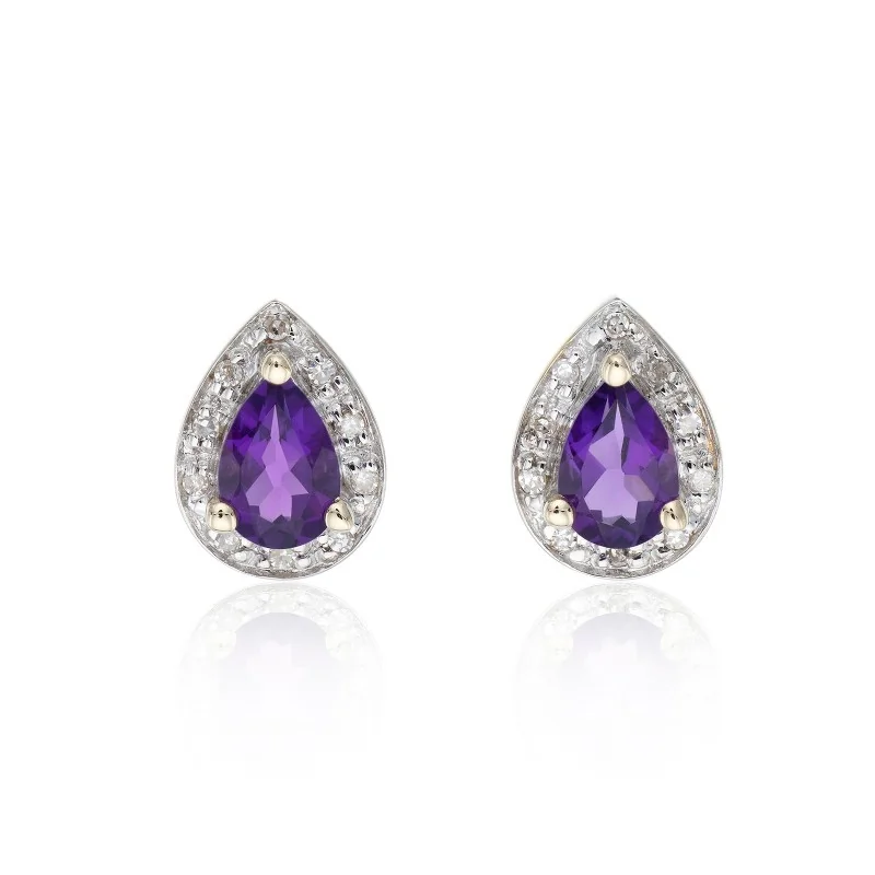 9ct Yellow Gold Amethyst and Diamond Halo Stud Earrings