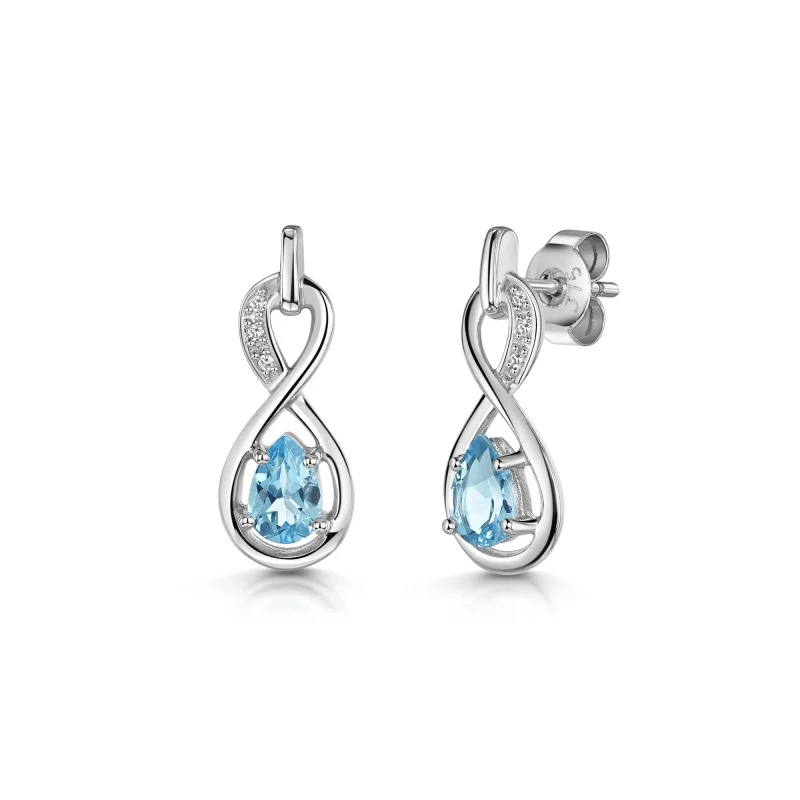 9ct White Gold Pear Shape Blue Topaz & Diamond Infinity Earrings