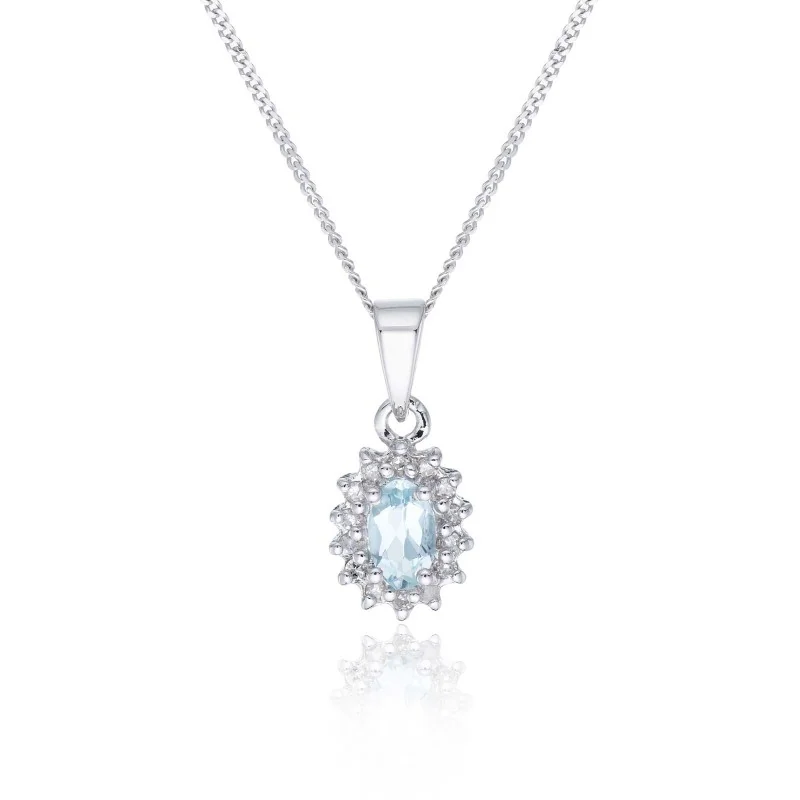 9ct White Gold Diamond 0.06ct and Aquamarine Halo Pendant