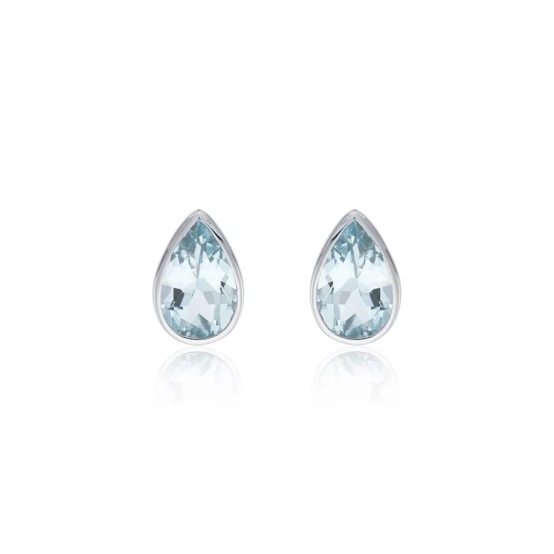 9ct White Gold Pear Cut Aquamarine Rub Over Stud Earrings