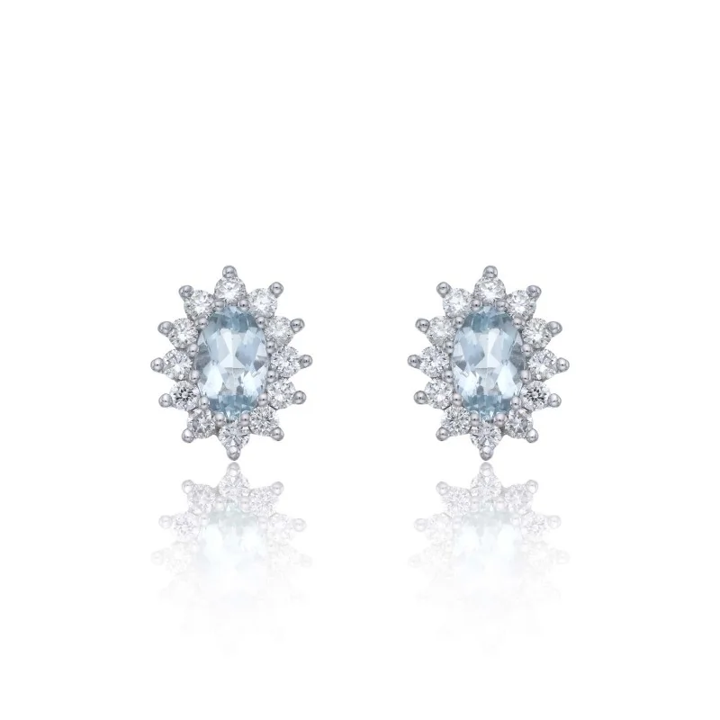 9ct white gold diamond 0.43ct and aquamarine 6x4mm halo earrings 