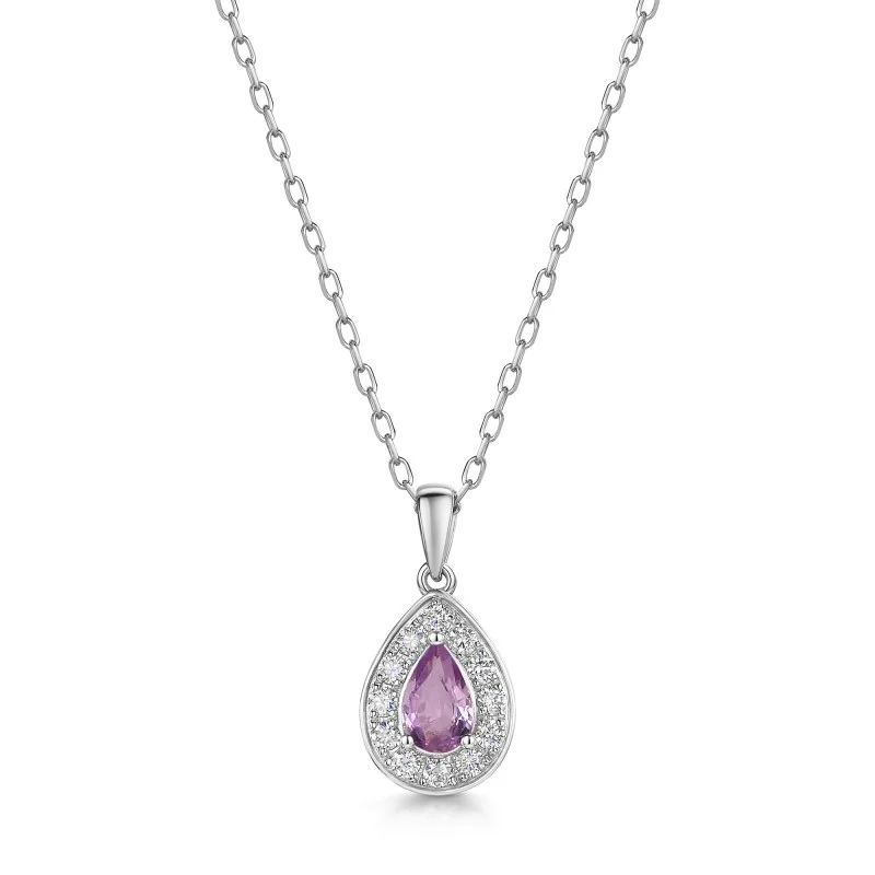 18ct White Gold Pear Cut 0.45ct Pink Sapphire with Diamond Halo Pendant