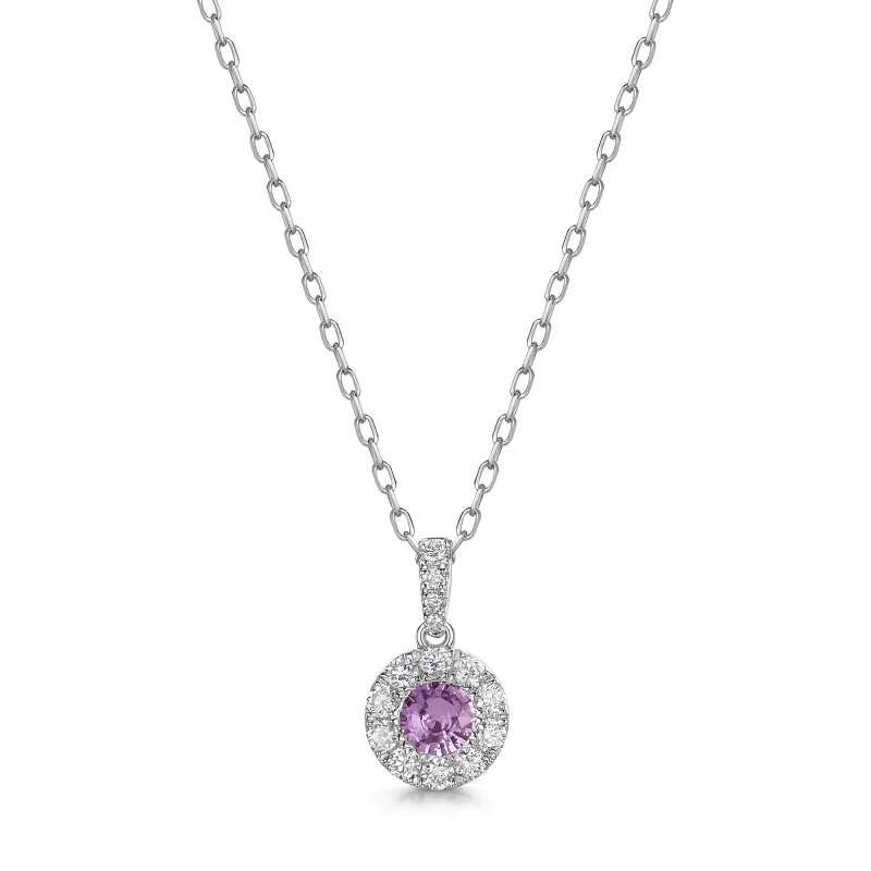 18ct White Gold Round Brilliant 0.50ct Pink Sapphire with 0.25ct Diamond Halo Pendant
