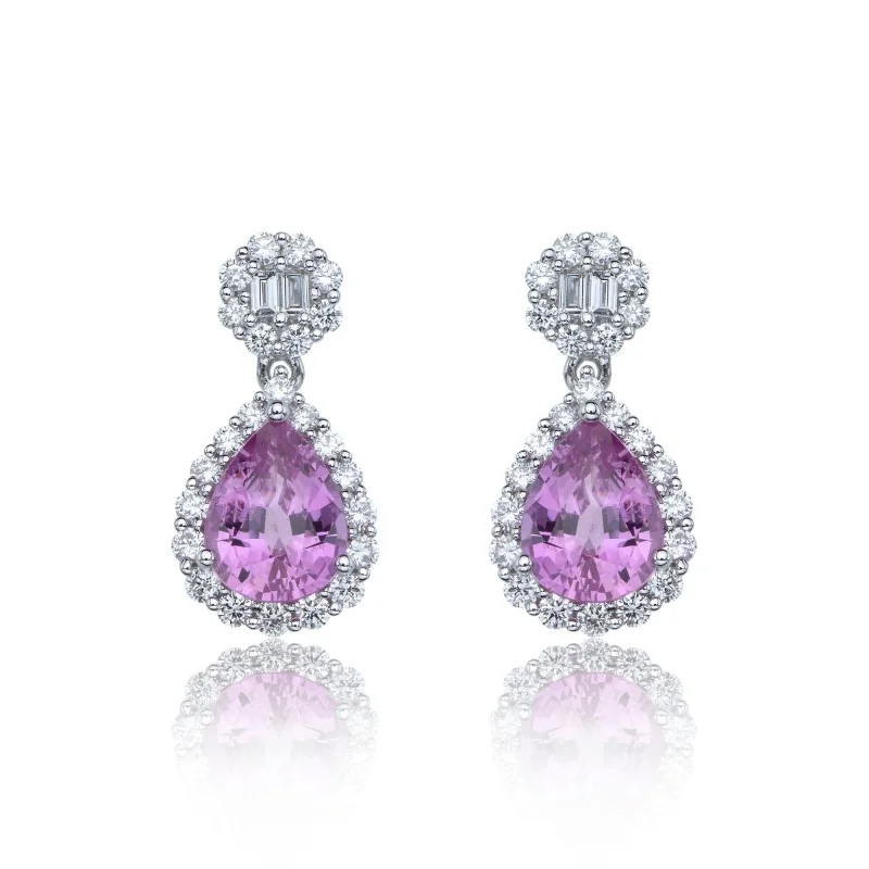 18ct white gold 2.50ct pink sapphire and diamond 0.78ct halo drop earrings