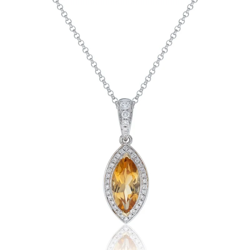 18ct White Gold Diamond 0.13ct and Citrine 0.99ct Halo Pendant 