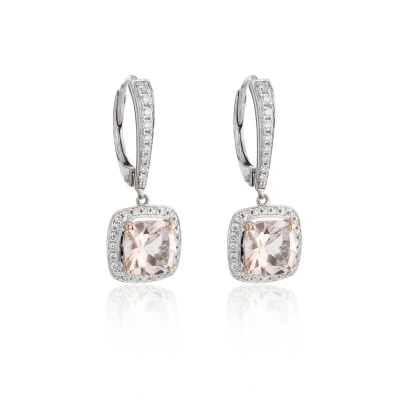 18ct White Gold Diamond 0.24ct and Morganite 1.71ct Halo Earrings