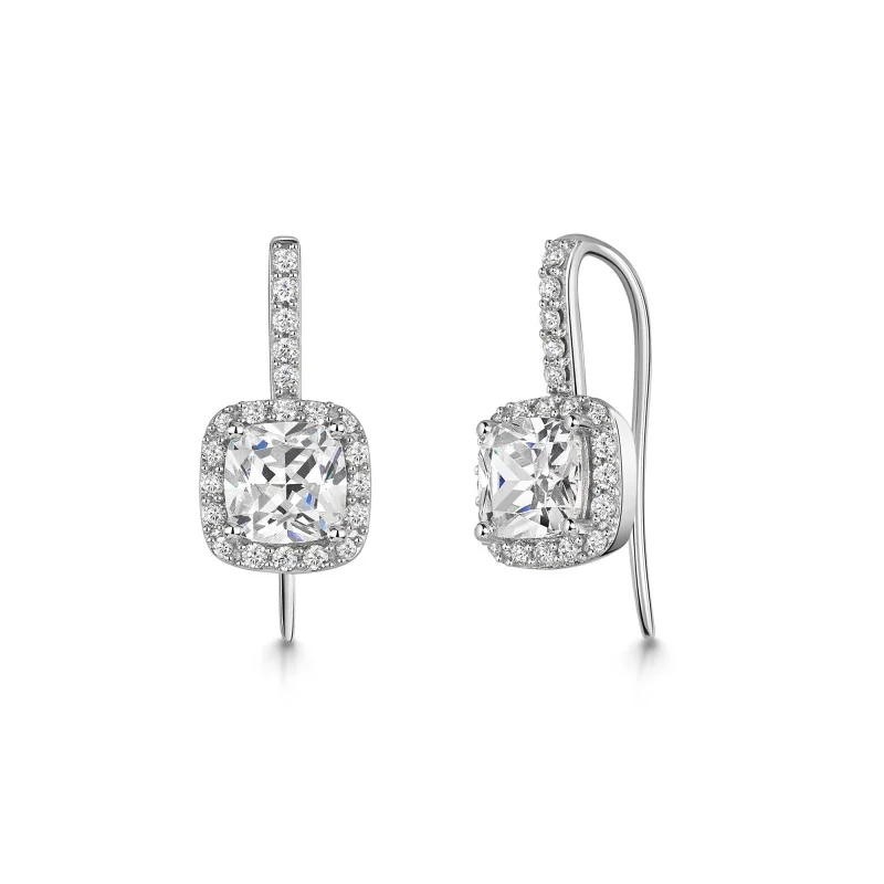 9ct White Gold Cubic Zirconia Cushion Cut Halo Drop Earrings