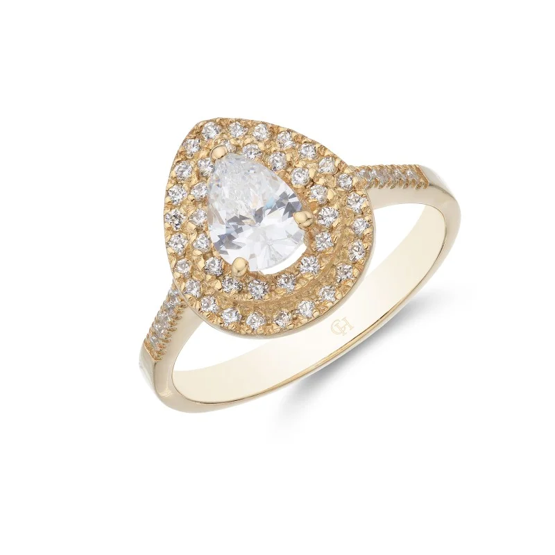 9ct Yellow Gold Cubic Zirconia Double Halo Pear Cut Solitaire Ring