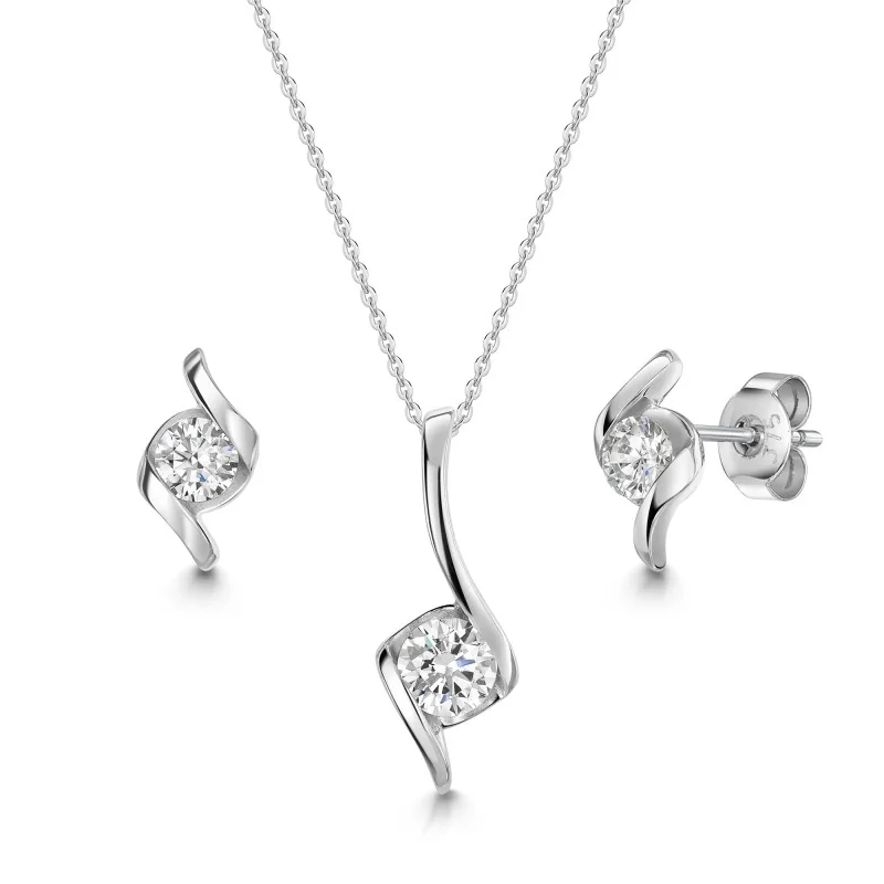 9ct White Gold Cubic Zirconia Fancy Round Brilliant Solitaire Pendant & Earring Set