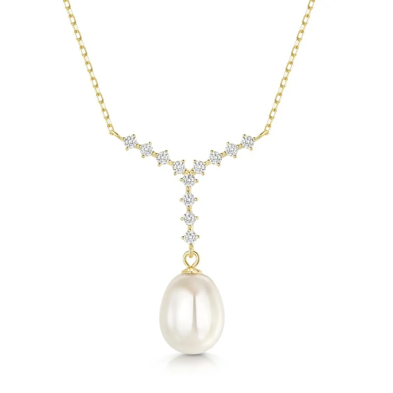 Gold Plated Silver 10mm Pearl & Cubic Zirconia Drop Necklet