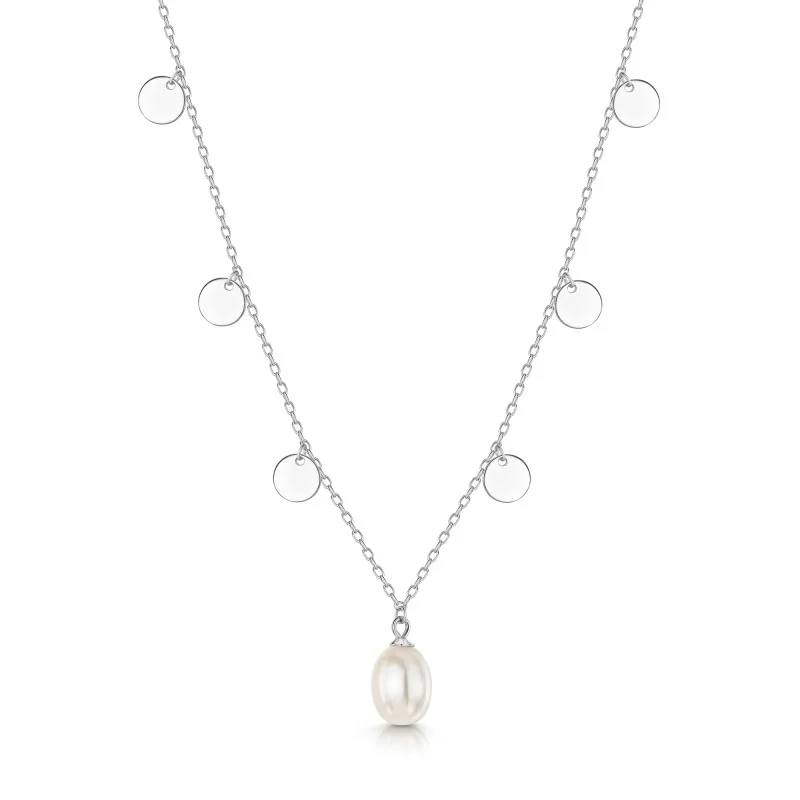 Silver 7-7.5mm Pearl Necklet with Disc Design