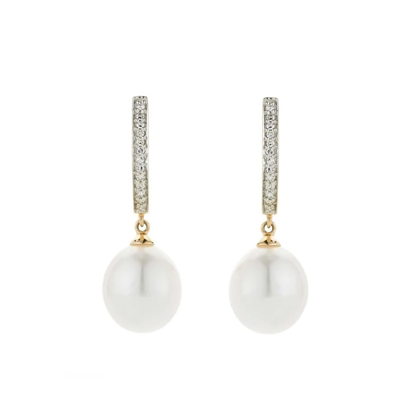 9ct Yellow Gold Pearl And Diamond 0.08ct Drop Earrings