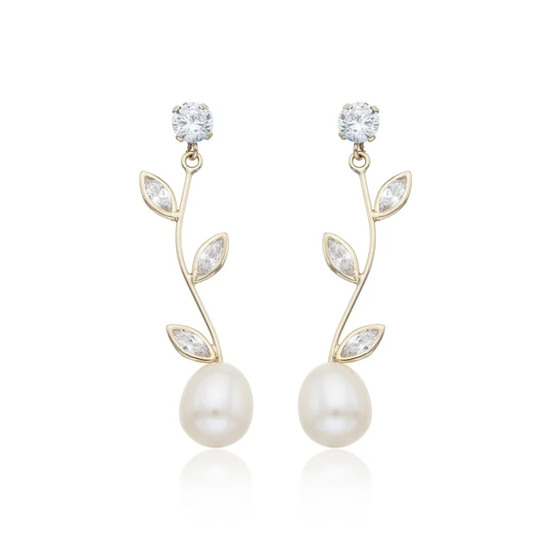 9ct Yellow Gold Cubic Zirconia and Pearl Stem Drop Earrings
