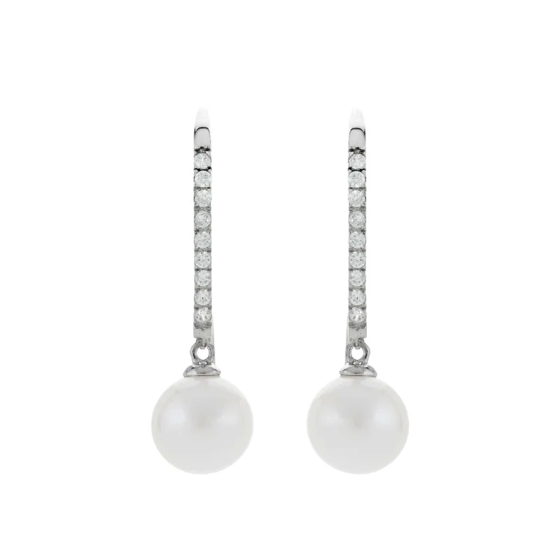 9ct White Gold Pearl and Cubic Zirconia Drop Earrings