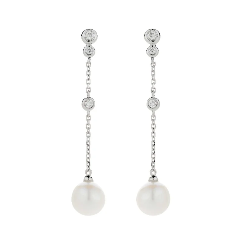 9ct White Gold Pearl And Diamond 0.10ct Long Drop Earrings